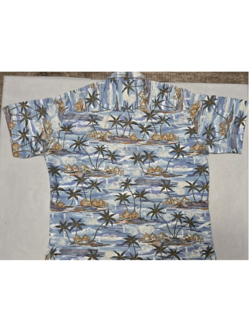 Vintage Kahala Hawaiian Islands Men's XL Aloha Shirt Blue Palm Tree Beach Hut - Picture 2 of 4
